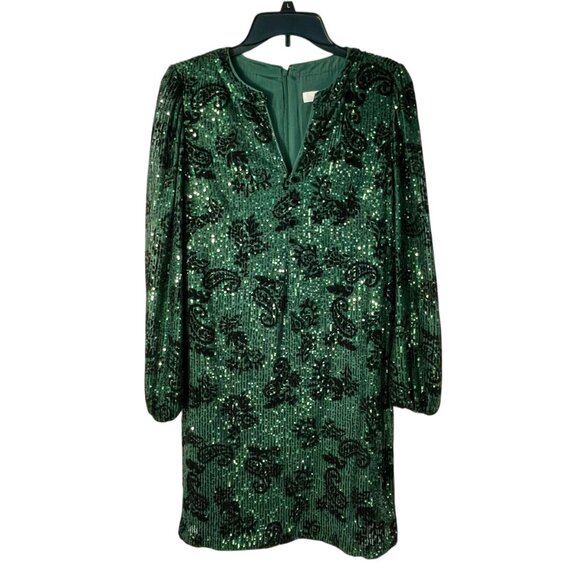 LOFT Emerald Green Velvet Sequin Floral Shift Dress Size 6 WI23 - Picture 2 of 15